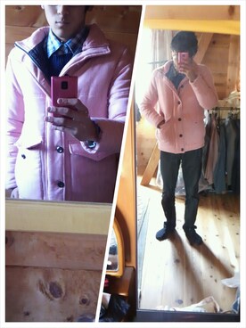 「アイテム（ダウンジャケット/コート、ピンク系）」を使った、りょーじさん（メンズ・173cm）の春コーディネート