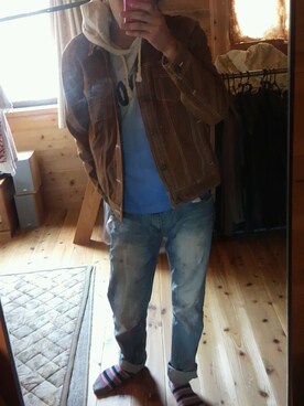 「Pincponc（ピンクポンク）のストレッチ素材サテンカラーＧジャン（ブルゾン、イエロー系）」を使った、りょーじさん（メンズ・173cm）の春コーディネート