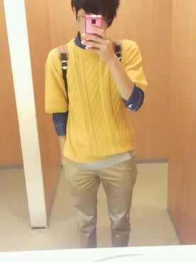 「WEGO（ウィゴー）のWEGO/ケーブル5分袖コットンニット（ニット/セーター、イエロー系）」を使った、りょーじさん（メンズ・173cm）の春コーディネート