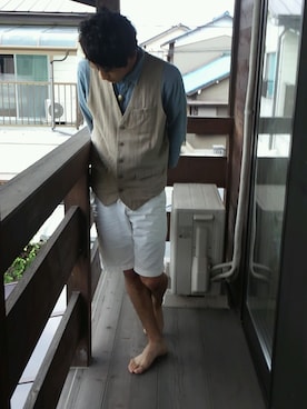 「UNIQLO（ユニクロ）のアイテム（その他パンツ、ホワイト系）」を使った、りょーじさん（メンズ・173cm）の夏コーディネート