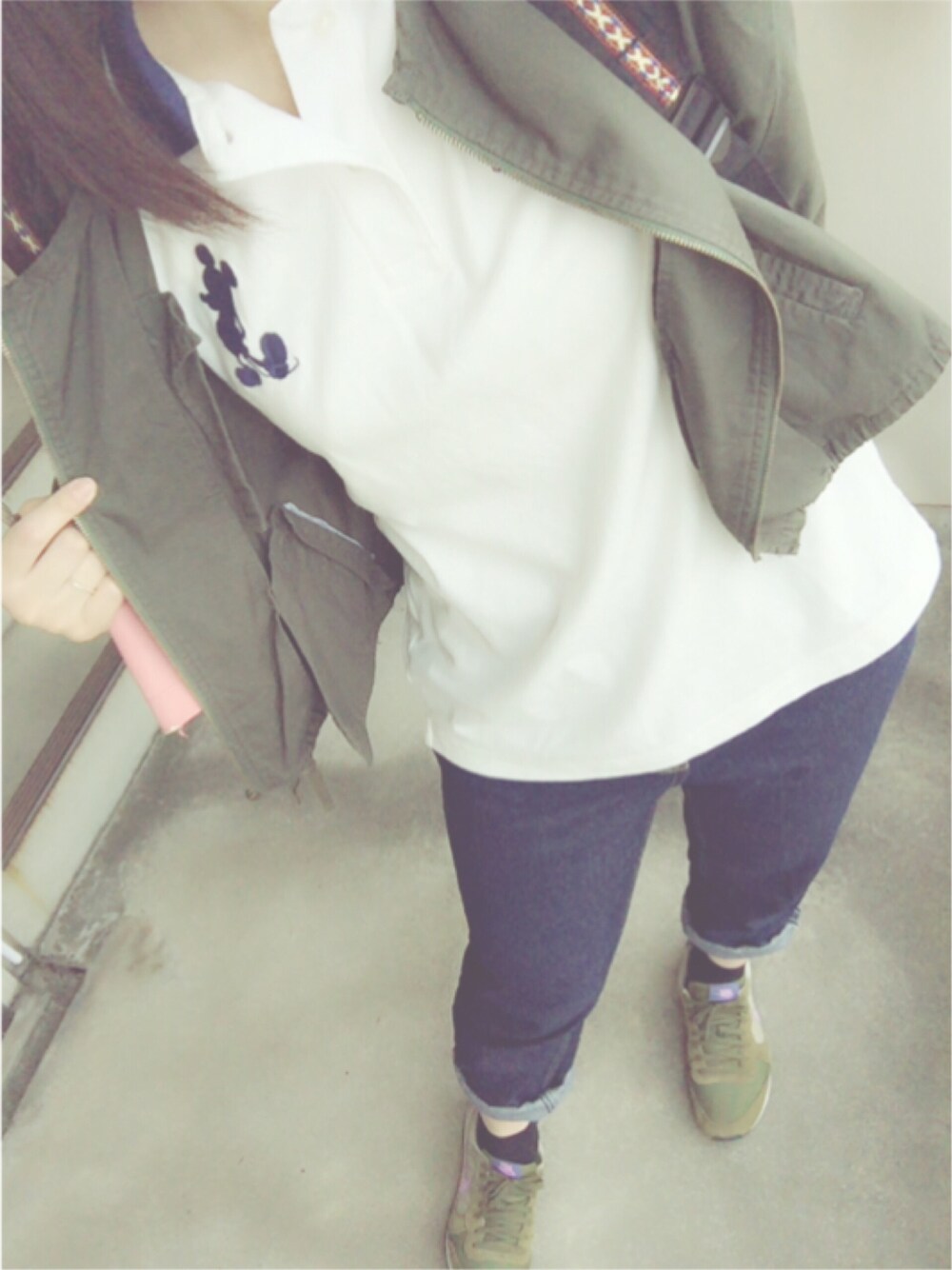 「休日スタイル、ポロシャツ、ポロシャツ×デニム、ユニクロ、ミッキー、ミッキーT、GU、ボーイフレンドデニム、NIKE、カーキ」｜「WEGOのディッキーズデイパック（バックパック/リュック、ブラック系）」を使った、m a y u .さん（レディース・158cm）の夏コーディネートの1枚目の写真