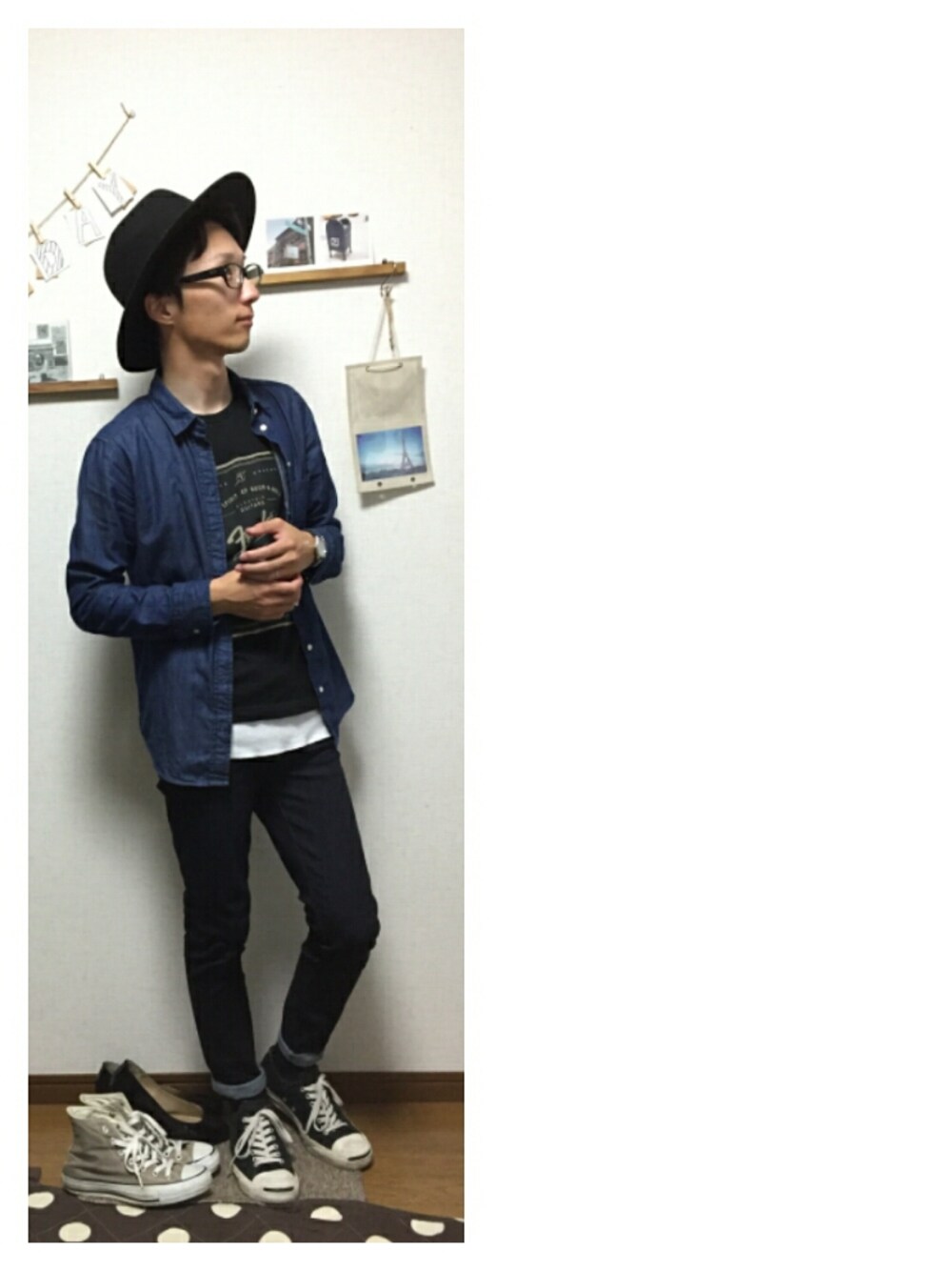 「GLOBAL WORKのフェルトロングブリムハット/705078（ハット、ブラック系）」を使った、shinさん（メンズ・169cm）の秋コーディネートの1枚目の写真
