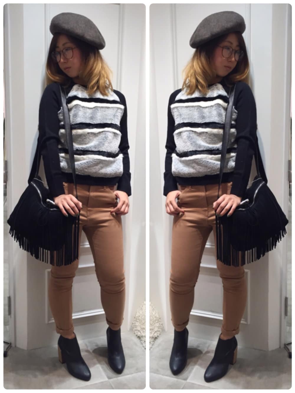 イエロー系のその他パンツ、グレー系のニット/セーター、ベージュ系のハンチング/ベレー帽を着用したメンズの夏コーディネートの1枚目の写真