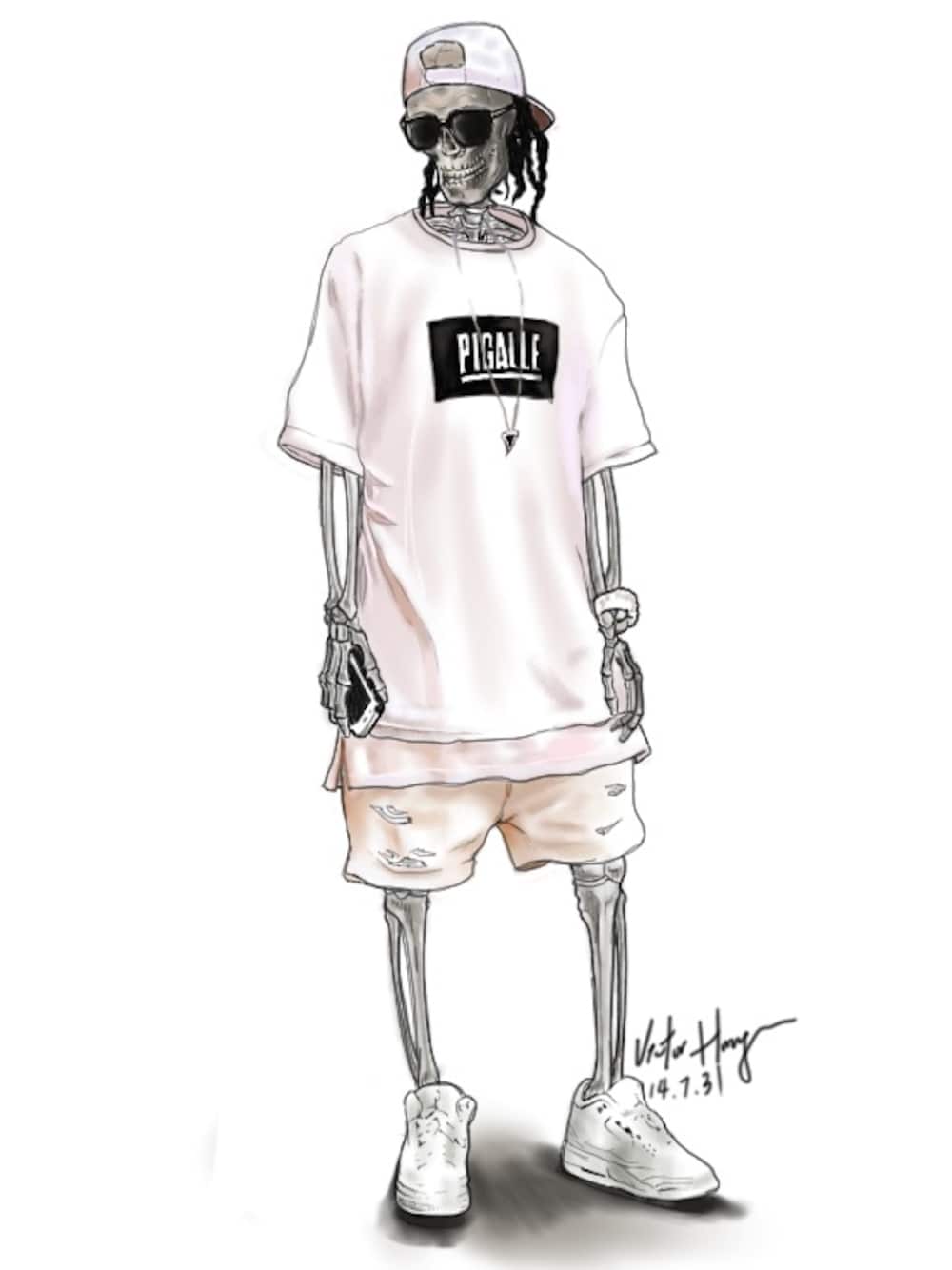 「ホワイトデニム、PIGALLE、オールホワイト、短パン、白Tシャツ、キャップ後ろかぶり、ドクロ、ART、ナルト」｜「PIGALLEのこちらが元の写真です。（Tシャツ/カットソー、ホワイト系）」を使った、BFさん（メンズ・175cm）の夏コーディネートの1枚目の写真