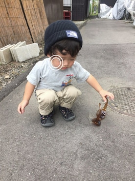 「THE NORTH FACE（ザノースフェイス）のTHE NORTH FACE CAPPUCHO LID 3（ニットキャップ/ビーニー、ブラック系）」を使った、eriiiiiさん（キッズ・90cm）の秋コーディネート