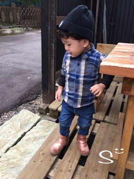 「GAP（ギャップ）のアイテム（シャツ/ブラウス、ブルー系）」を使った、eriiiiiさん（キッズ・90cm）の秋コーディネート