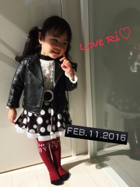 「ドットスカート」｜「アイテム（ライダースジャケット）」を使った、Ri♡にゃんさん（キッズ・90cm）の冬コーディネート