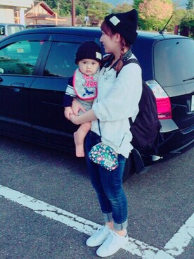 「GU（ジーユー）のアイテム（デニムパンツ、ブルー系）」を使った、sayaka☺︎さん（レディース・158cm）の秋コーディネート