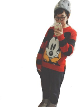 「古着屋のアイテム（ニット/セーター、レッド系）」を使った、sayaka☺︎さん（レディース・158cm）の秋コーディネート