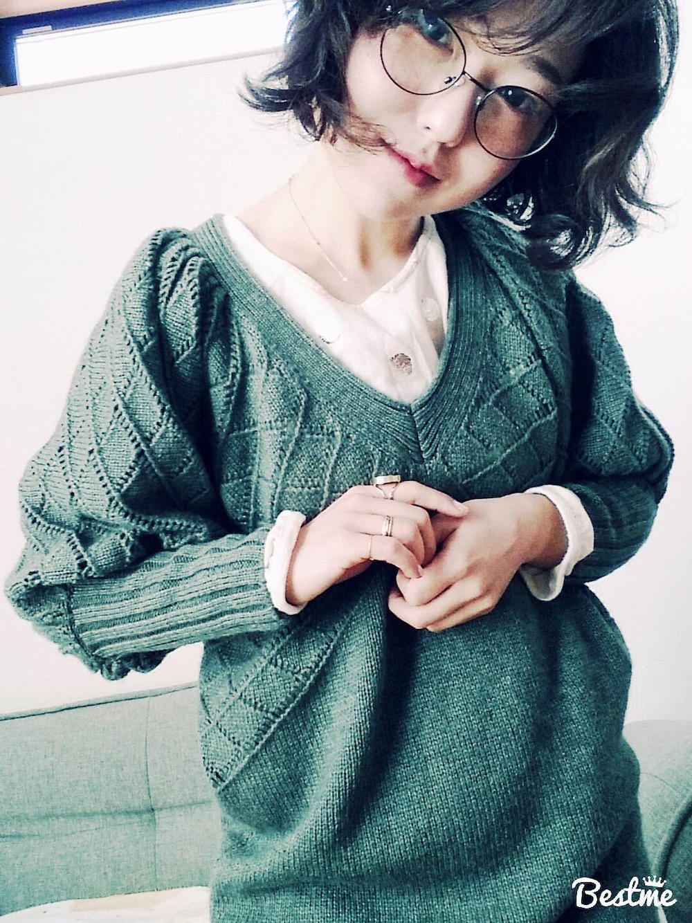 「アラレちゃん眼鏡#knitワンピース#Vintage#mo、VUTOPA」｜「motherのアイテム（Tシャツ/カットソー、ベージュ系）」を使った、みぃさん（レディース・155cm）の冬コーディネートの1枚目の写真