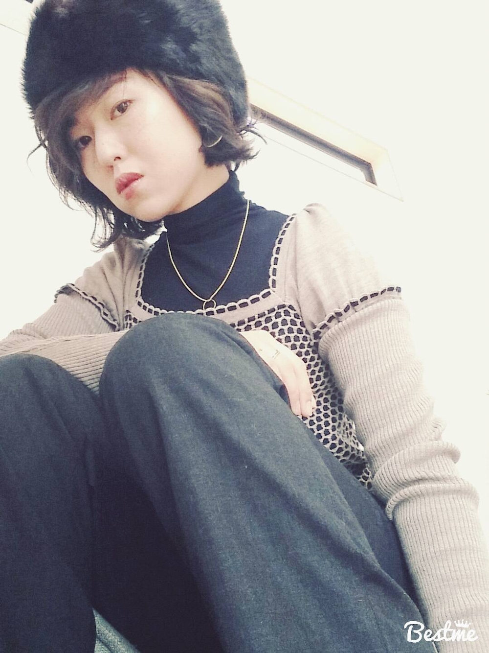「ロシア帽、pants、ニット、アニエスb、mother、VINTAGE」｜「DEPTのアイテム（帽子、ブラック系）」を使った、みぃさん（レディース・155cm）の冬コーディネートの1枚目の写真