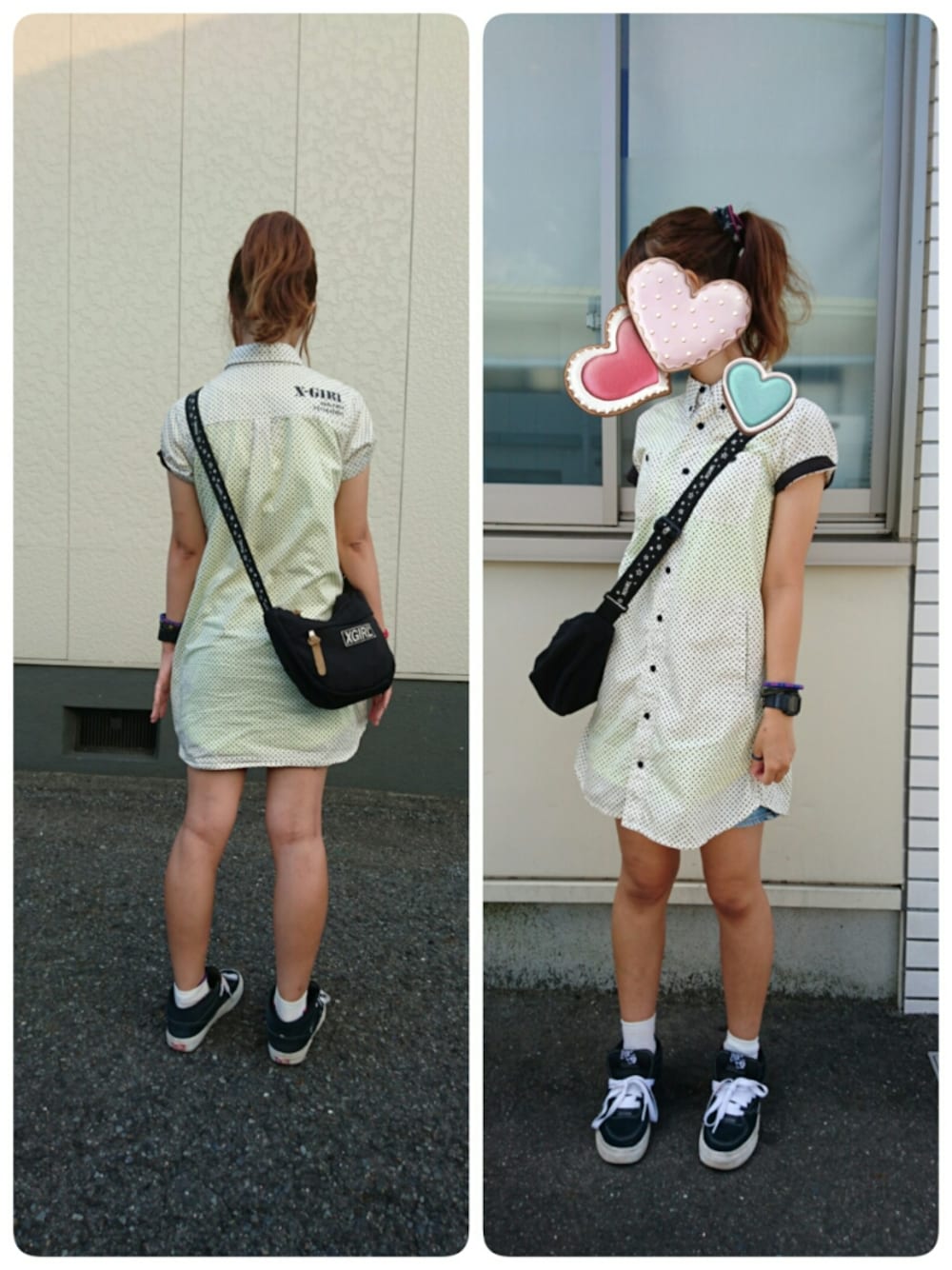 「夏、ドット、シャツワンピ、シュシュ、イマイチコーデ」｜「X-girlのアイテム（シャツワンピース、ホワイト系）」を使った、haruさん（レディース・157cm）の夏コーディネートの1枚目の写真