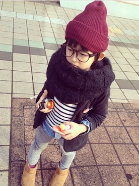 「缶バッジ」｜「アイテム（ニットキャップ/ビーニー）」を使った、keikoさん（キッズ・110cm）の秋コーディネート