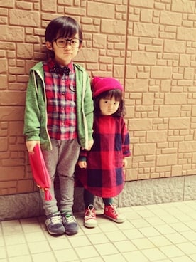 「スウェット×シャツ」｜keikoさん（キッズ・110cm）の冬コーディネート