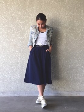 「ハグマグ」｜「アイテム（デニムジャケット）」を使った、Ayumi NewAgeさん（レディース・154cm）の春コーディネート