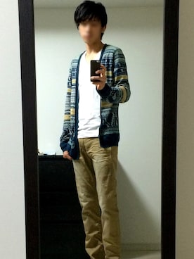 「REMI RELIEF（レミレリーフ）のREMI RELIEF×BEAMS / 別注 インディゴ ジャカードカーディガン（カーディガン/ボレロ、グリーン系）」を使った、TMさん（メンズ・176cm）の冬コーディネート