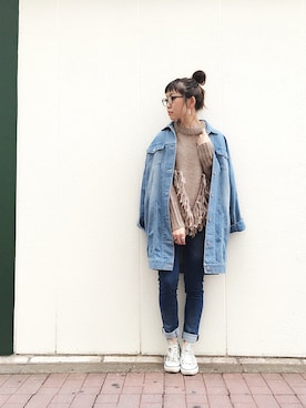 「OSMOSIS（オズモーシス）のビッグデニムジャケット（デニムジャケット）」を使った、MIKIさん（レディース・158cm）の秋コーディネート