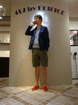 「EDIFICE（エディフィス）のアイテム（ニットキャップ/ビーニー）」を使った、417 by EDIFICE立川店さん（メンズ・187cm）の春コーディネート