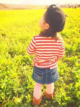 「BREEZE（ブリーズ）の先染めボーダーＴシャツ（Tシャツ/カットソー、レッド系）」を使った、がっきーさん（レディース・160cm）の春コーディネート