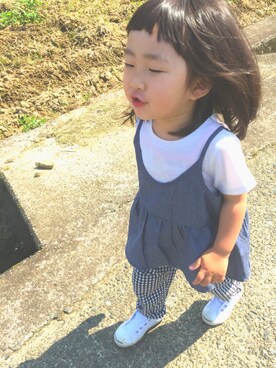 「GLOBAL WORK（グローバルワーク）の【ジュニア】アソートキャミレイヤー半袖/720797（Tシャツ/カットソー、ブルー系）」を使った、がっきーさん（レディース・160cm）の春コーディネート