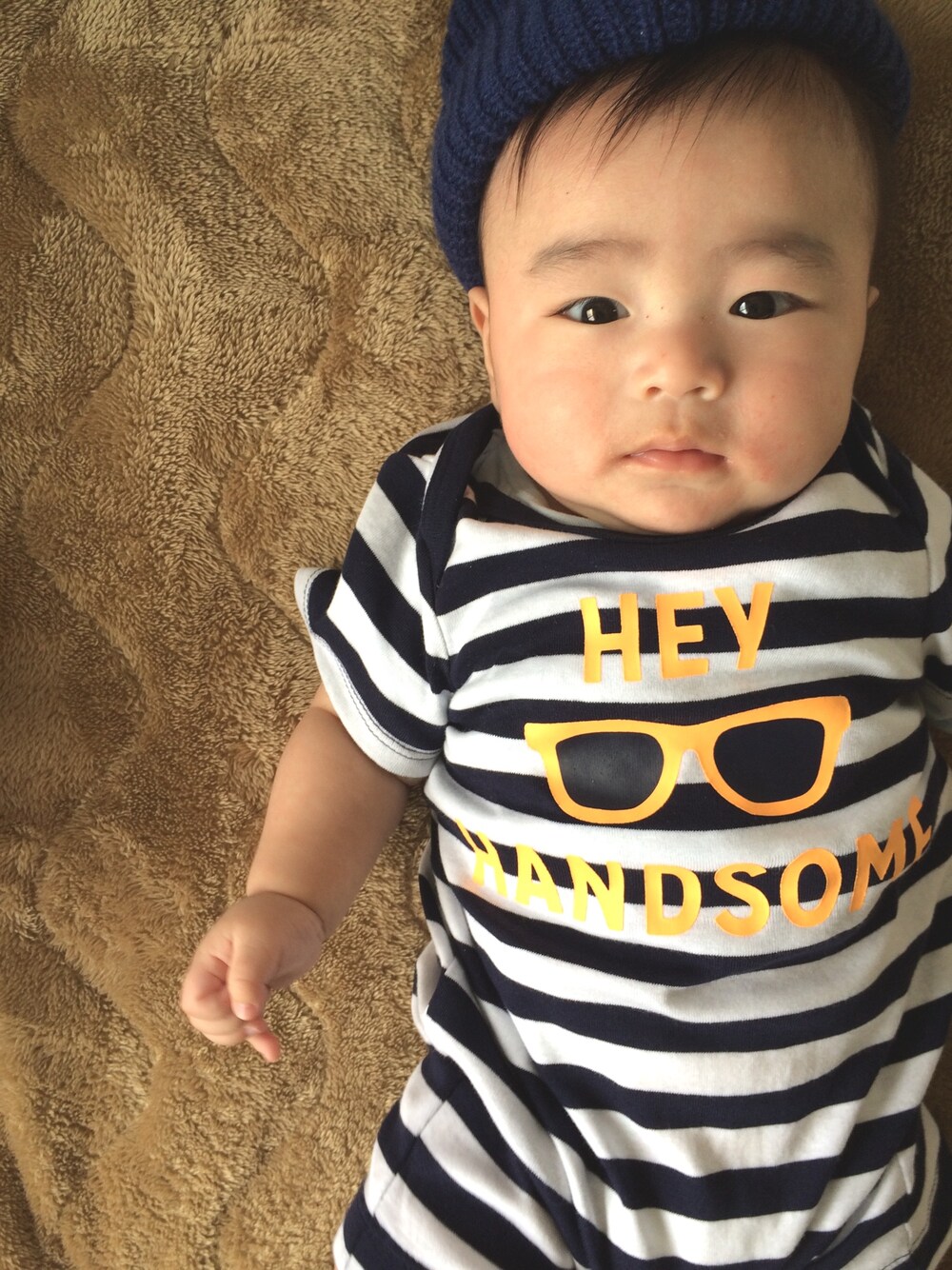 「baby、4ヶ月、男の子コーデ」｜「babyGAPのアイテム（ロンパース、ブルー系）」を使った、puuuumaさん（キッズ・60cm）の春コーディネートの1枚目の写真