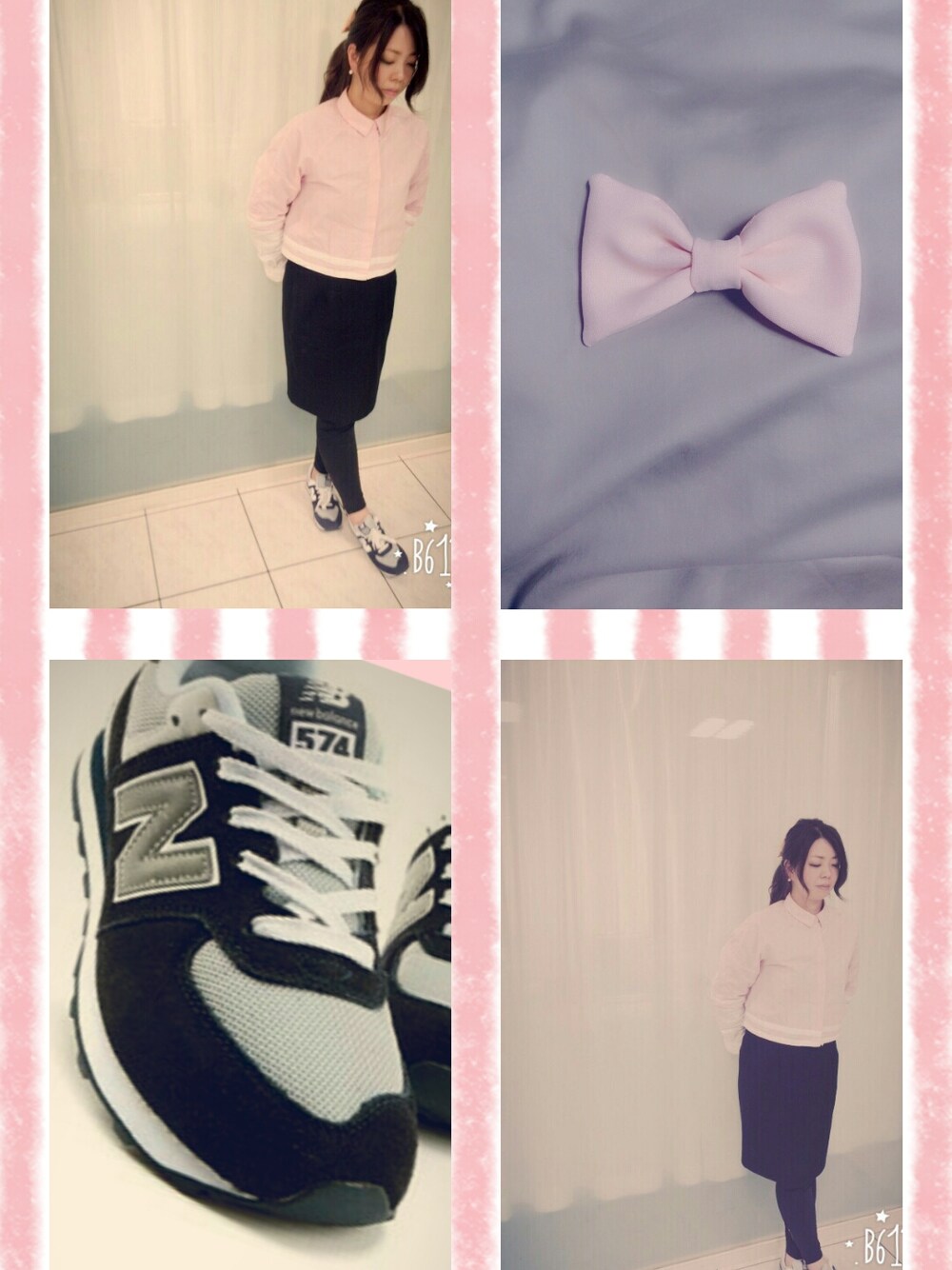 ピンク系のシャツ/ブラウス、ピンク系のバレッタ/ヘアクリップ、ブルー系のスニーカーを着用したレディースの春コーディネートの1枚目の写真