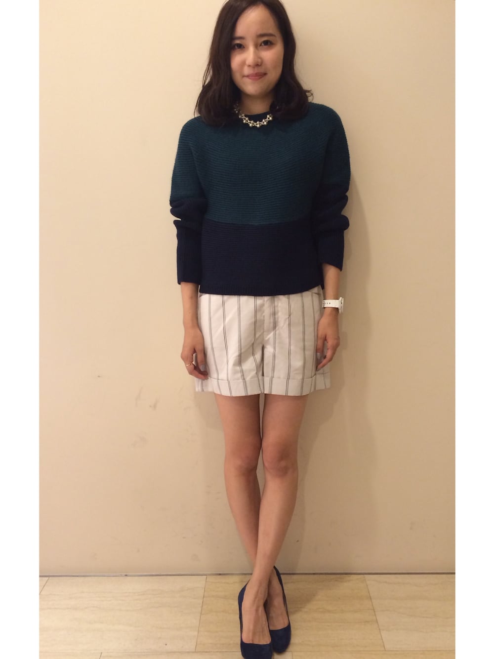 「ストライプ、ドルマンニット」｜「CIAOPANICの【Ciaopanic】プレーンパンプス（パンプス、ブルー系）」を使った、yukiko_yamaさん（レディース・161cm）の秋コーディネートの1枚目の写真