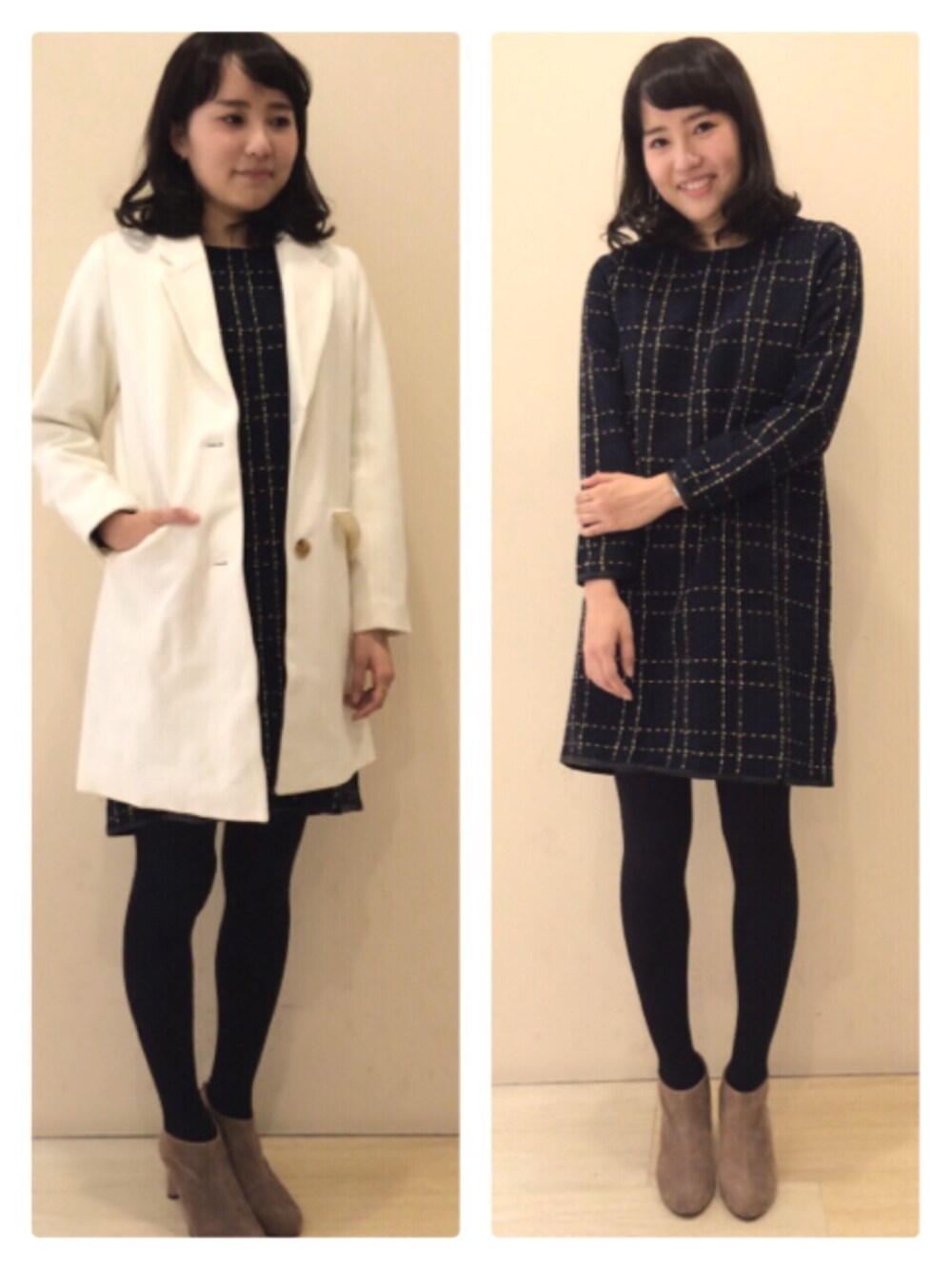 「クリスマス、デートスタイル（WOMEN）、チェスターコート、ワンピース、ツイード、ブーティ、ciaopanic」｜「CIAOPANICの【Ciaopanic】ラメツイードチェックOP（ワンピース、ブルー系）」を使った、yukiko_yamaさん（レディース・161cm）の冬コーディネートの1枚目の写真