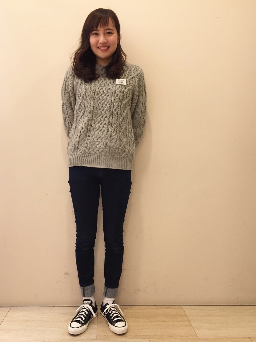 「ciaopanic、converse、UNIQLO、アランニット、ローカットスニーカー」｜「CIAOPANICの【Ciaopanic】　AC/Wアラン柄C/N（ニット/セーター、グレー系）」を使った、yukiko_yamaさん（レディース・161cm）の冬コーディネートの1枚目の写真
