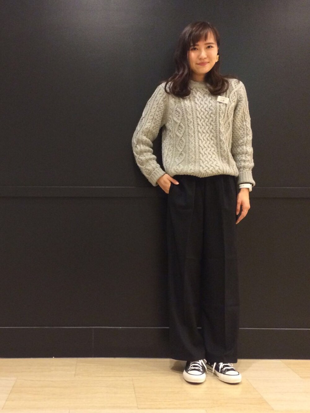 「ciaopanic、アランニット、ワイドパンツ、converse、made in japan、allstar」｜「CIAOPANICの【Ciaopanic】　AC/Wアラン柄C/N（ニット/セーター、グレー系）」を使った、yukiko_yamaさん（レディース・161cm）の冬コーディネートの1枚目の写真