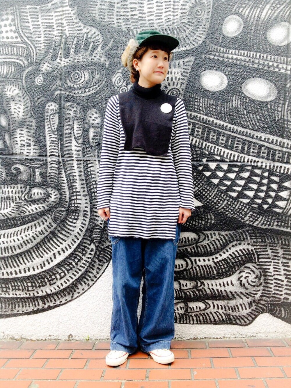 「BEAMS、BEAMS BOY、秋のコーデ、ボーダー、ネックウォーマー」｜「BEAMS BOYのHealthknit / ラグラン ロング サーマル■◇（Tシャツ/カットソー、ブルー系）」を使った、あさやま ふうこさん（レディース・158cm）の秋コーディネートの1枚目の写真