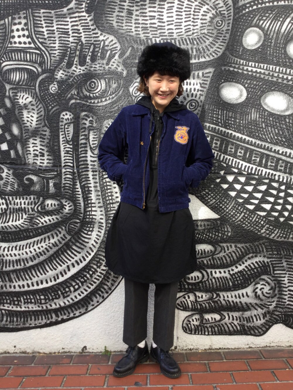 「BEAMS、BEAMS BOY、Paraboot、ENGINEERED GARMENTS、Nepenthes、used」｜「BEAMS BOYのCableami×BEAMS BOY / ファー TOQUE ◇（ハット、ブルー系）」を使った、あさやま ふうこさん（レディース・158cm）の冬コーディネートの1枚目の写真
