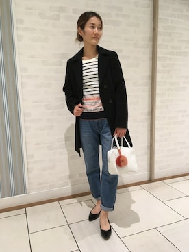 「ボーダートップス」｜「アイテム（ピーコート）」を使った、takaさん（レディース・160cm）の冬コーディネート