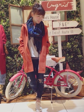 「アイテム（ダッフルコート、オレンジ系）」を使った、makiさん（レディース・158cm）の秋コーディネート