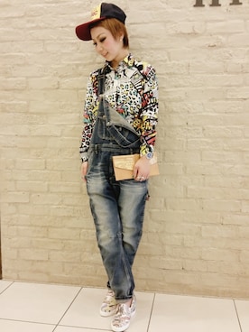 「メッシュキャップ」｜「アイテム（サロペット/オーバーオール）」を使った、キャンさん（レディース・158cm）の冬コーディネート