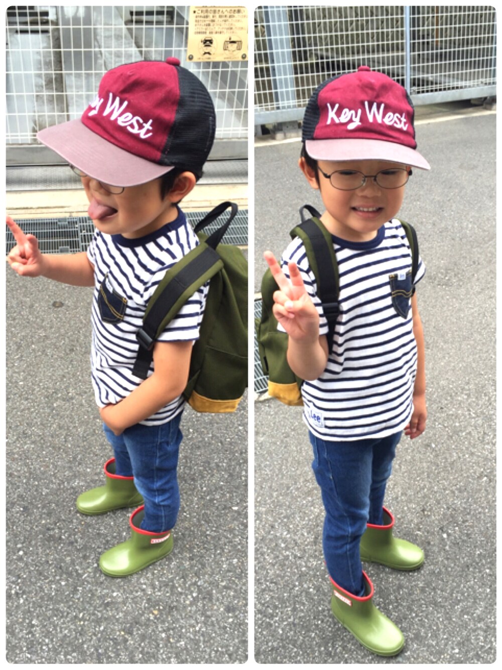 「レインブーツ、ボーダーTシャツ、スキニーデニム、ベイスボールキャップ」｜「green label relaxingのEX MEIワッペンDaypack Sサイズ（バックパック/リュック、グリーン系）」を使った、ゆうせい☆そうすけさん（キッズ・110cm）の夏コーディネートの1枚目の写真