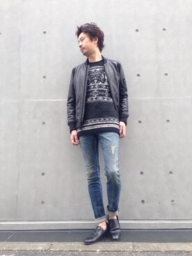 「ケーブルニット」｜「アイテム（MA-1）」を使った、OMIさん（メンズ・180cm）の秋コーディネート