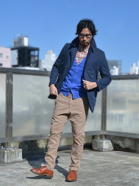 「The DUFFER of ST.GEORGE（ザダファーオブセントジョージ）のアイテム（ピーコート）」を使った、JEEさん（メンズ・182cm）の冬コーディネート