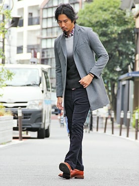 「The DUFFER of ST.GEORGE（ザダファーオブセントジョージ）のアイテム（チェスターコート）」を使った、JEEさん（メンズ・182cm）の秋コーディネート