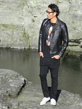 「The DUFFER of ST.GEORGE（ザダファーオブセントジョージ）のアイテム（ライダースジャケット）」を使った、JEEさん（メンズ・182cm）の冬コーディネート