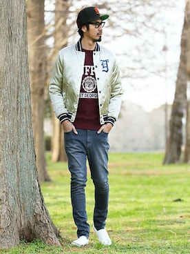 「The DUFFER of ST.GEORGE（ザダファーオブセントジョージ）のアイテム（スタジャン）」を使った、JEEさん（メンズ・182cm）の冬コーディネート