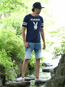 「The DUFFER of ST.GEORGE（ザダファーオブセントジョージ）のDUFFER×PLAYBOY"COLLEGE"TEE：プレイボーイTシャツ（Tシャツ/カットソー）」を使った、JEEさん（メンズ・182cm）の春コーディネート