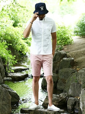 「The DUFFER of ST.GEORGE（ザダファーオブセントジョージ）のアイテム（帽子）」を使った、JEEさん（メンズ・182cm）の夏コーディネート