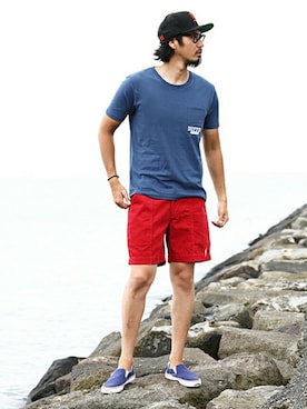 「ポケットＴシャツ」｜「アイテム（キャップ）」を使った、JEEさん（メンズ・182cm）の夏コーディネート