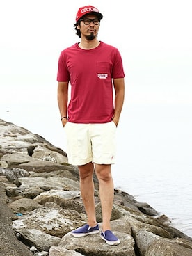 「ポケットＴシャツ」｜「アイテム（キャップ）」を使った、JEEさん（メンズ・182cm）の夏コーディネート