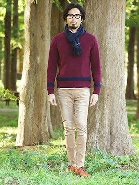 「アイテム（ドレスシューズ、ブラウン系）」を使った、JEEさん（メンズ・182cm）の秋コーディネート