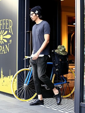 「The DUFFER of ST.GEORGE（ザダファーオブセントジョージ）の"D" WAPEEN KNIT CAP：ワッペンニットキャップ（ニットキャップ/ビーニー）」を使った、JEEさん（メンズ・182cm）の春コーディネート