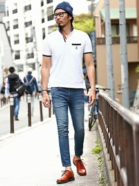 「アイテム（ポロシャツ）」を使った、JEEさん（メンズ・182cm）の春コーディネート