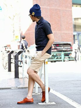「The DUFFER of ST.GEORGE（ザダファーオブセントジョージ）の"D" WAPEEN KNIT CAP：ワッペンニットキャップ（ニットキャップ/ビーニー）」を使った、JEEさん（メンズ・182cm）の夏コーディネート