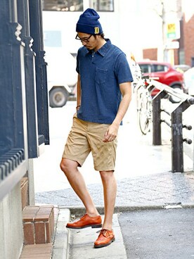 「The DUFFER of ST.GEORGE（ザダファーオブセントジョージ）の"D" WAPEEN KNIT CAP：ワッペンニットキャップ（ニットキャップ/ビーニー）」を使った、JEEさん（メンズ・182cm）の夏コーディネート